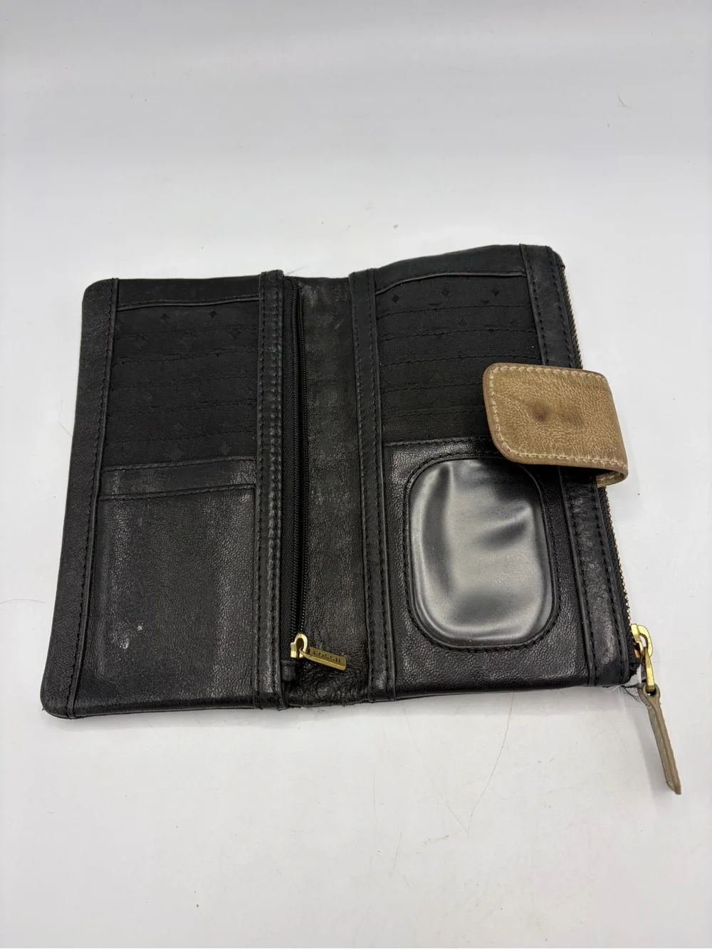 Fossil Long Live Vintage Emory Wallet Black Leather Snap Fold Zip Pocket Bifold